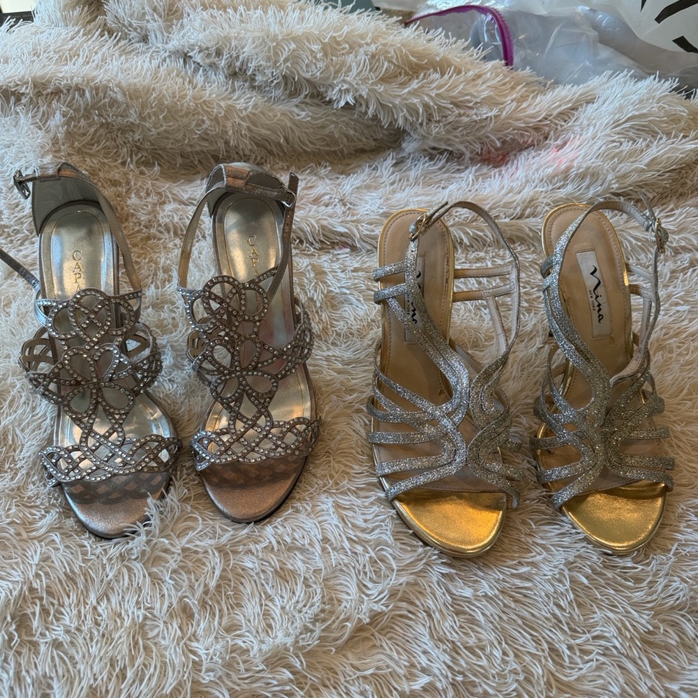 Metallic Silver Evening Sandals with Crystal Accents - Women
